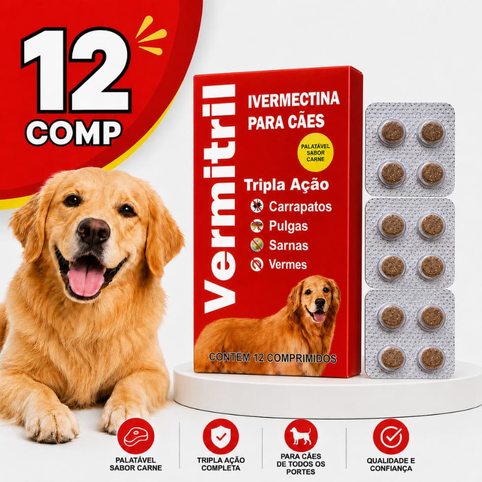 Vermitril Anti Carrapatos, Vermes, Pulgas E Sarnas - 12 Comp Mastigáveis P 15kg Cada - sabor Carne