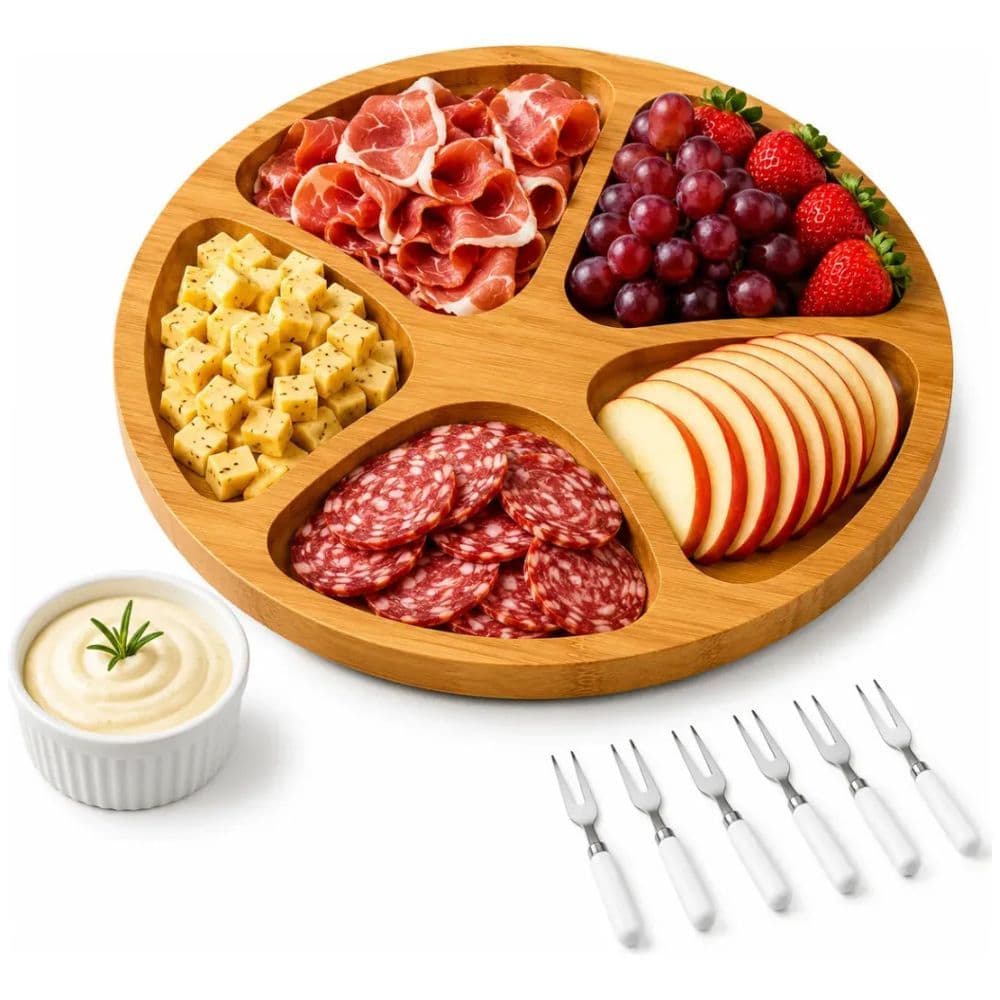 Kit Petisqueira Redonda com 5 Divisórias, Molheira Ramekin e 6 Garfinhos para Servir Frios, Queijos, Petiscos e Molhos