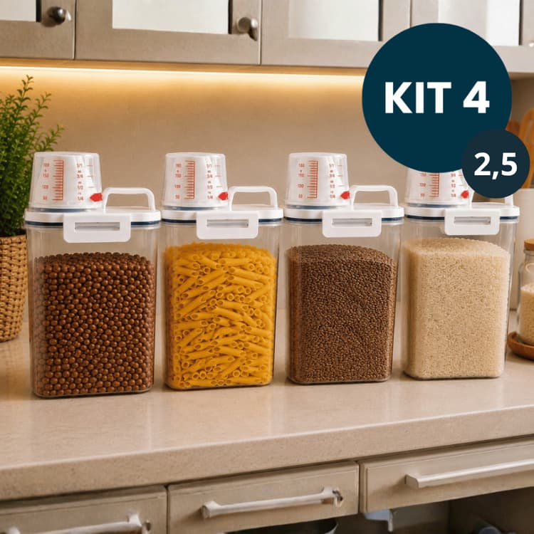 - Kit 4 Pote Armazenamento Hermético Copo Medidor Bico Dosador Alimentos Sabão Amaciante Ração 2,5L