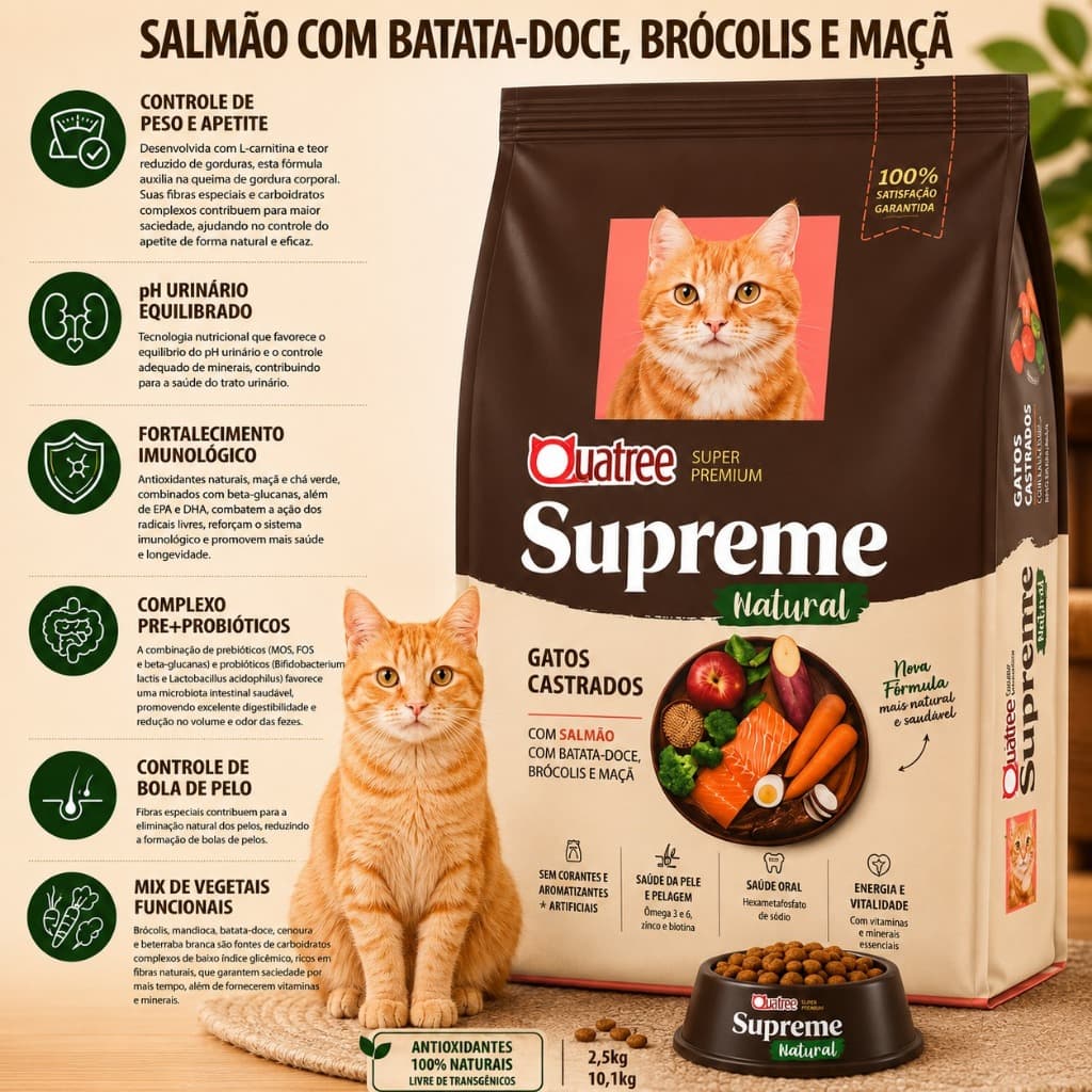 Ração Quatree Supreme Gatos Castrados 10kg Salmão Batata Doce Super Premium