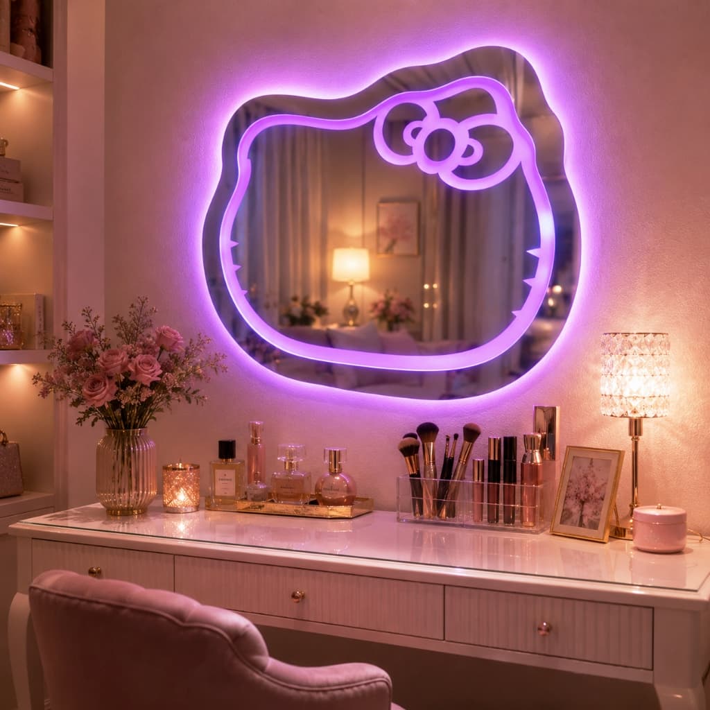 Espelho do Gatinho Com LED no CONTROLE Várias Cores 70x65 Decoração de Quarto Infantil