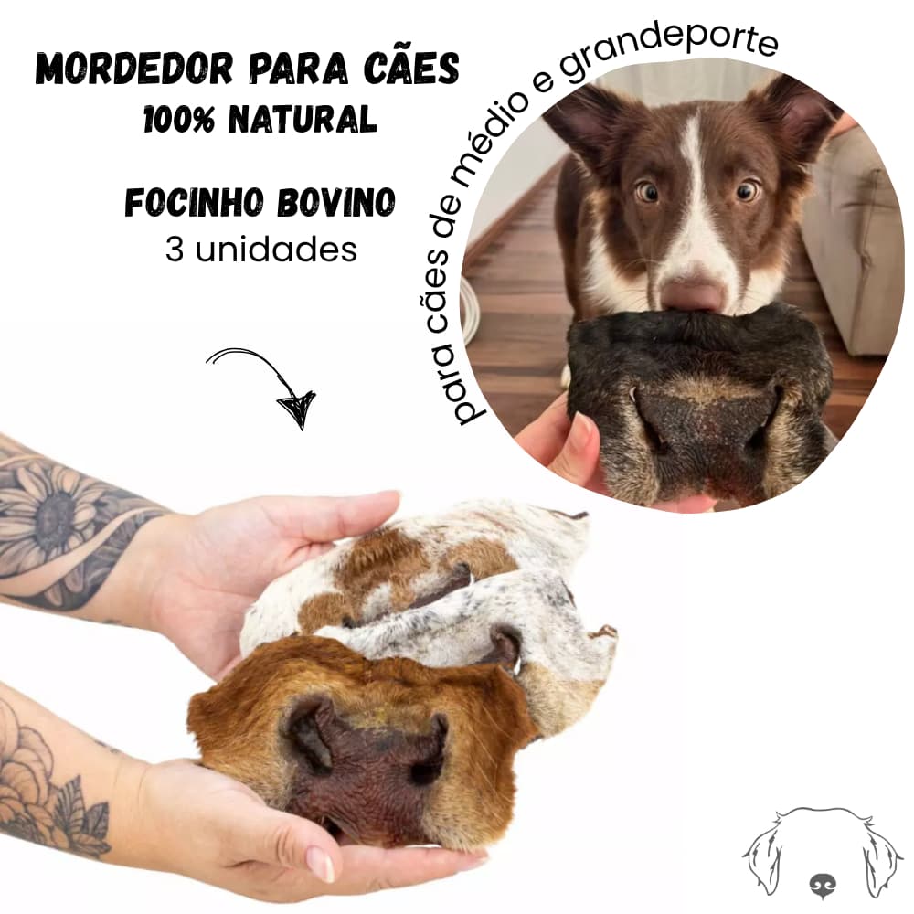 Focinho Bovino Mordedor Natural para Cães 3 unid - Paparico
