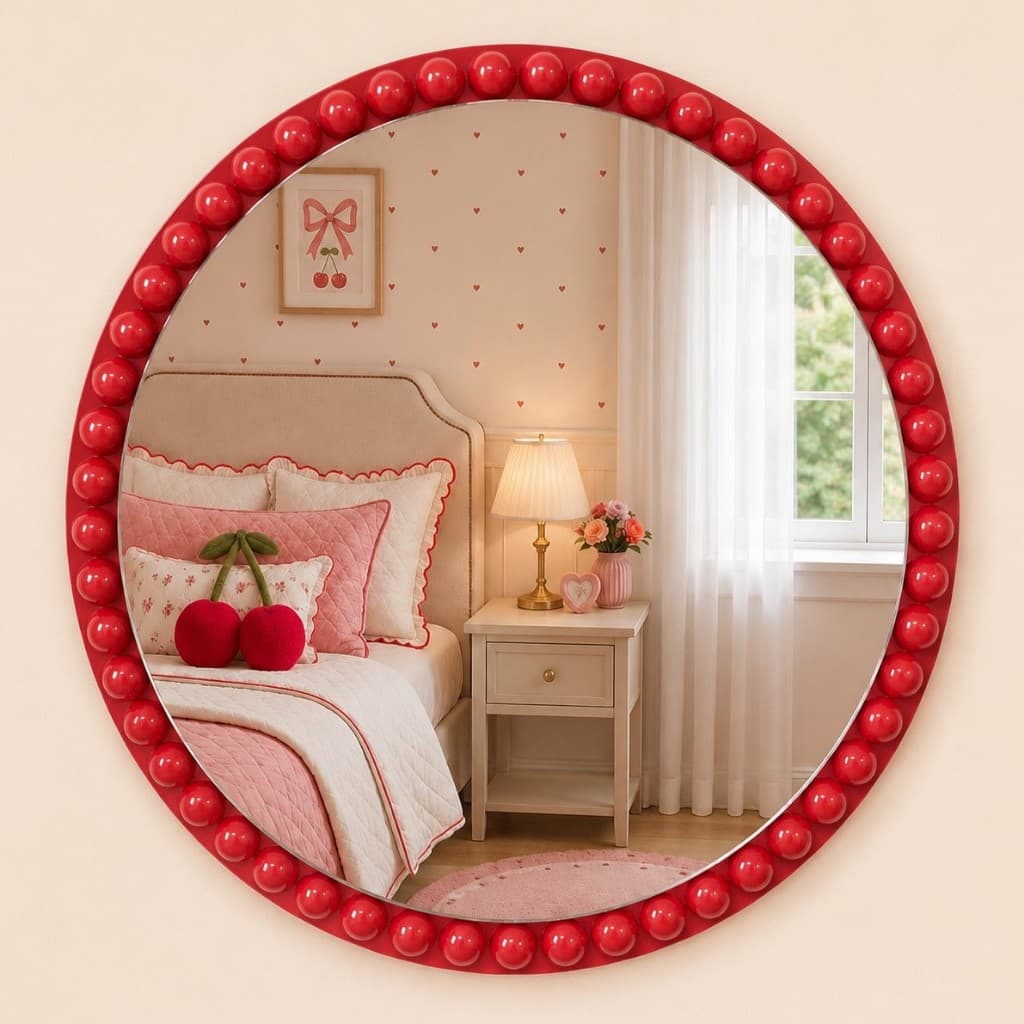 Espelho Redondo de Vidro e Madeira Decoração Infantil Bebê Moldura Bolinha Vermelho 40cm