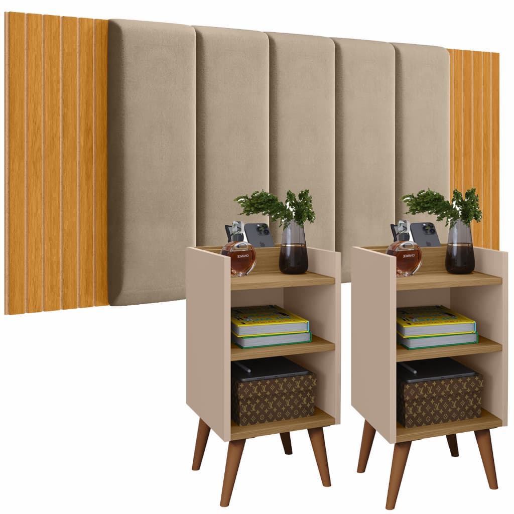 Cabeceira Modulada Ripada Estofada + 2 Mesas de Cabeceira com Nicho Organizador e Porta Celular