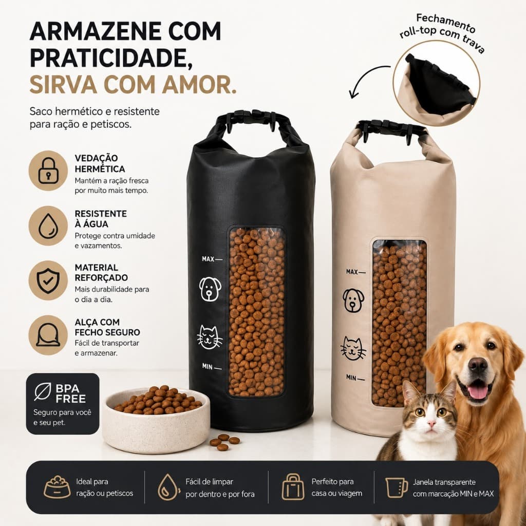 Porta Ração Bolsa 3 até 15kg Impermeável Organizadora Vedação Total Cães e Gatos