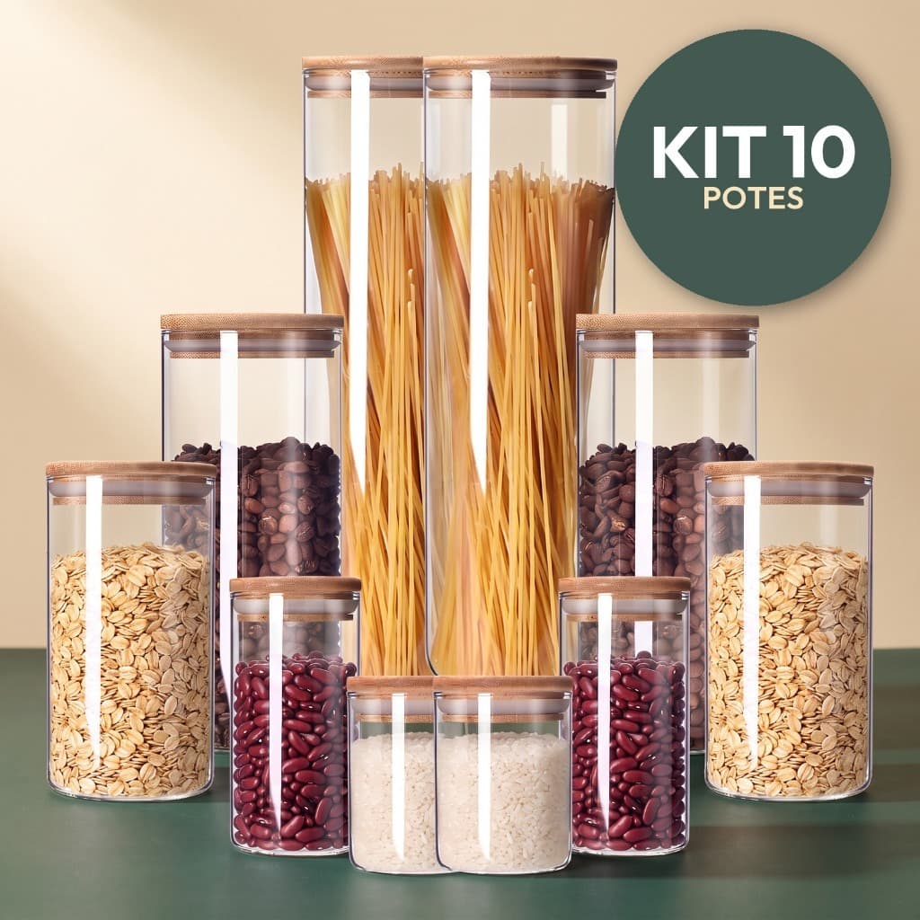 Kit Potes de Vidro Herméticos Tampa Bambu para Mantimentos Grãos Café Resistente e Organiza Cozinha Zelvi
