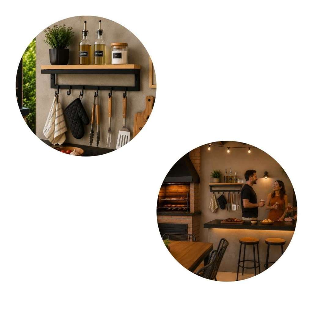 Prateleira Decorativa Industrial Para Churrasqueira Gourmet Com 6 Ganchos  Madeira Churrasco P/Copa