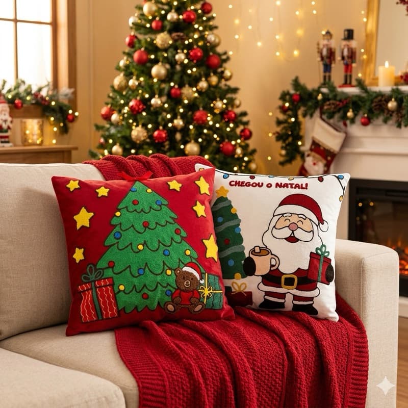 Capa de Almofada Bordada 45cm de Natal Premium Tecido Aveludado Decoração de Sala Sofá e Poltrona