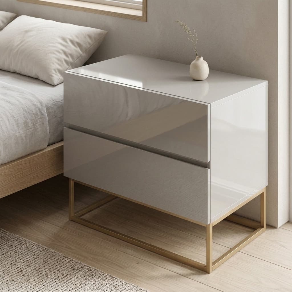 Mesa Cabeceira Eros 60CM  2 Gavetas estilo Industrial Pés Dourado Para Quarto