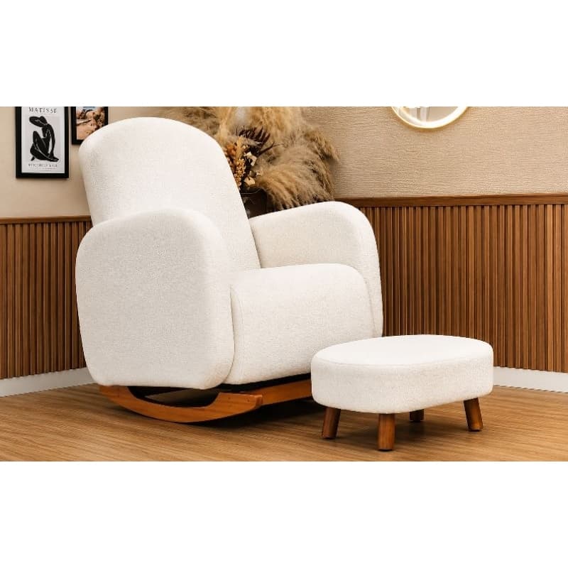 Poltrona de Amamentação Decorativa Curva  Balanço  Orgânica Boucle Bege ou Cinza com Puff para Sala Moderna Confortável!