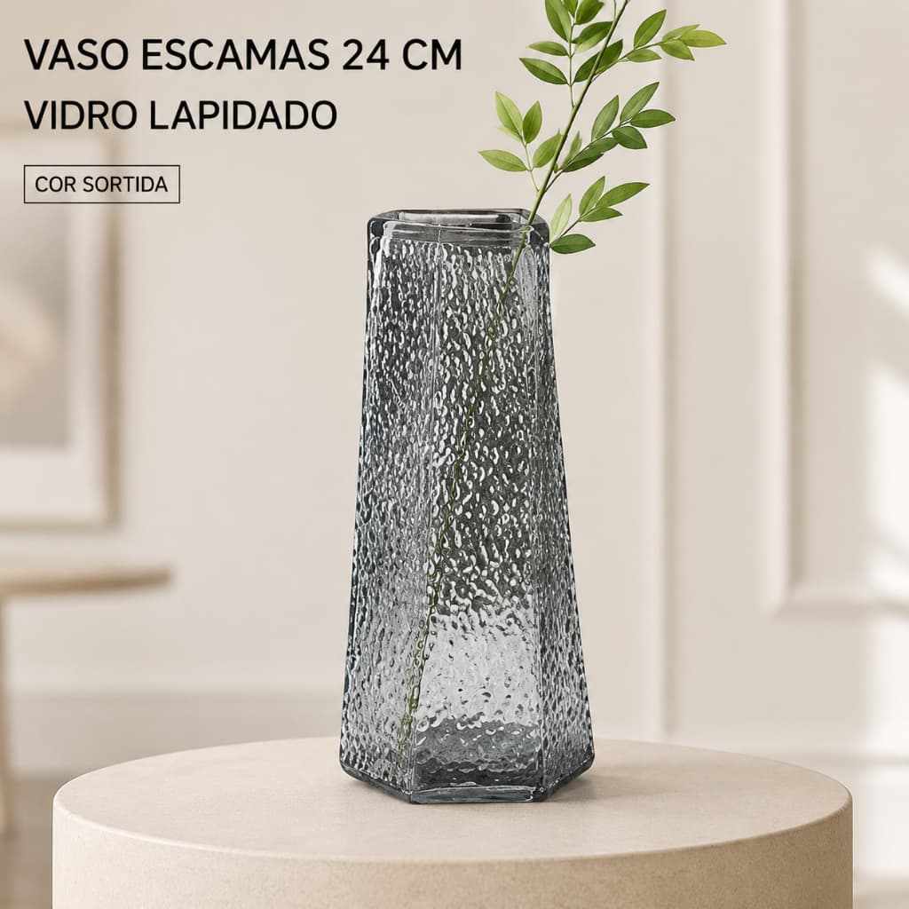 Vaso Decorativo 24cm Escamas em Vidro Lapidado Cor Sortida Elegante Resistente