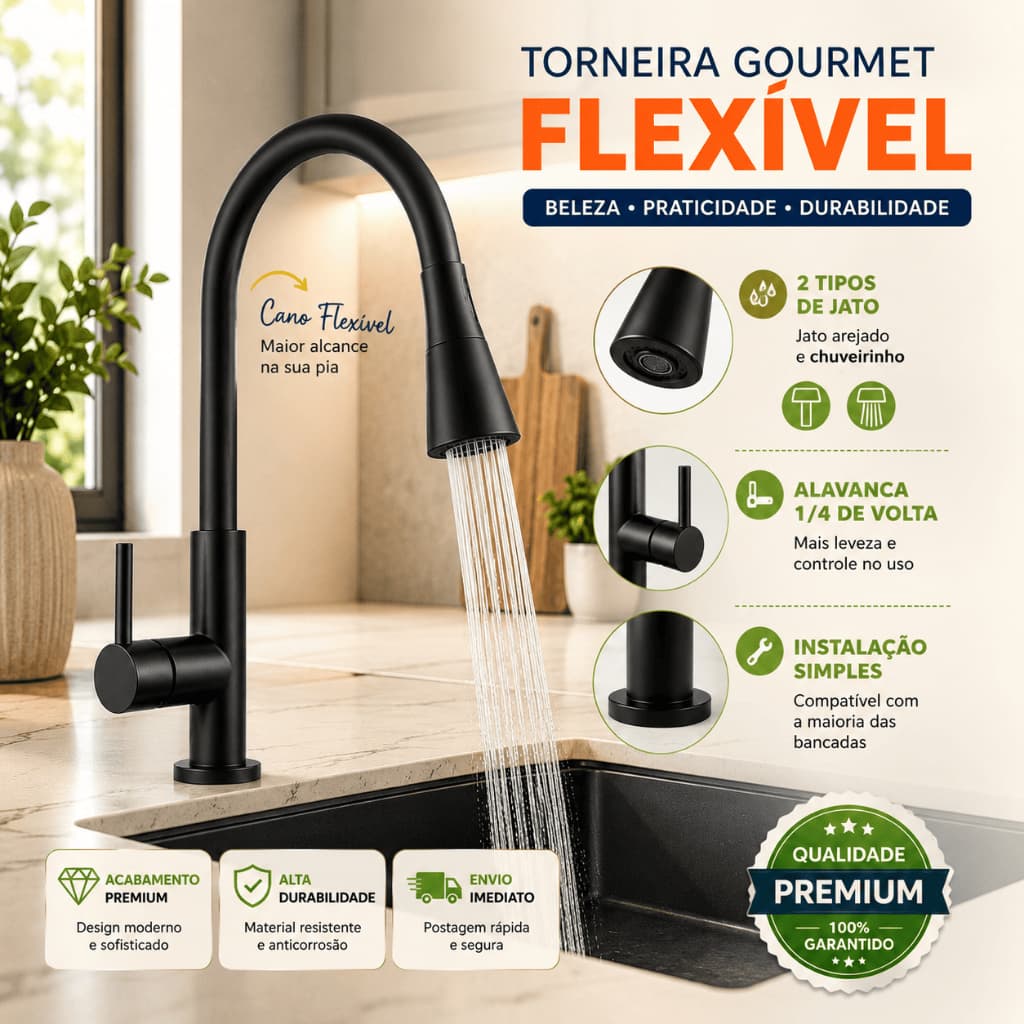 Torneira Cozinha Bancada Preta Gourmet Flexível 2 Jatos para Pia Mesa com Alavanca 1/4 de Volta