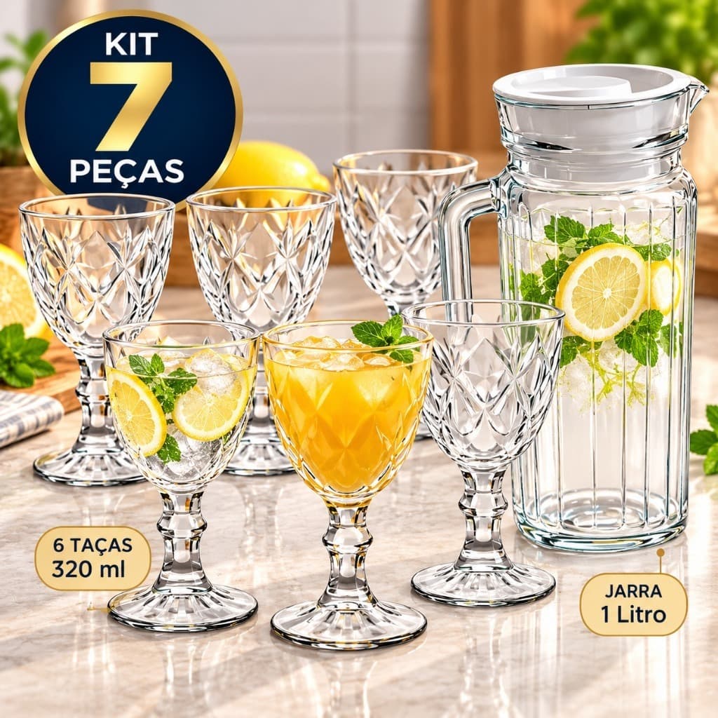 Kit Jarra de Vidro 1 Litro com Tampa + 6 Taças Diamond 320ml para Suco e Água