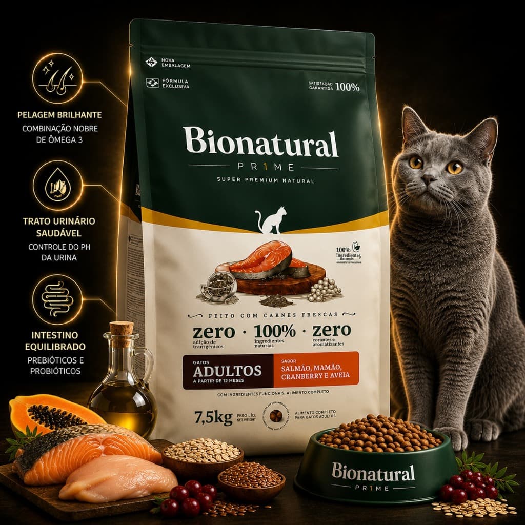 Ração SuperPremium Bionatural Prime para Gatos Adultos sabor Salmão 7.5KG