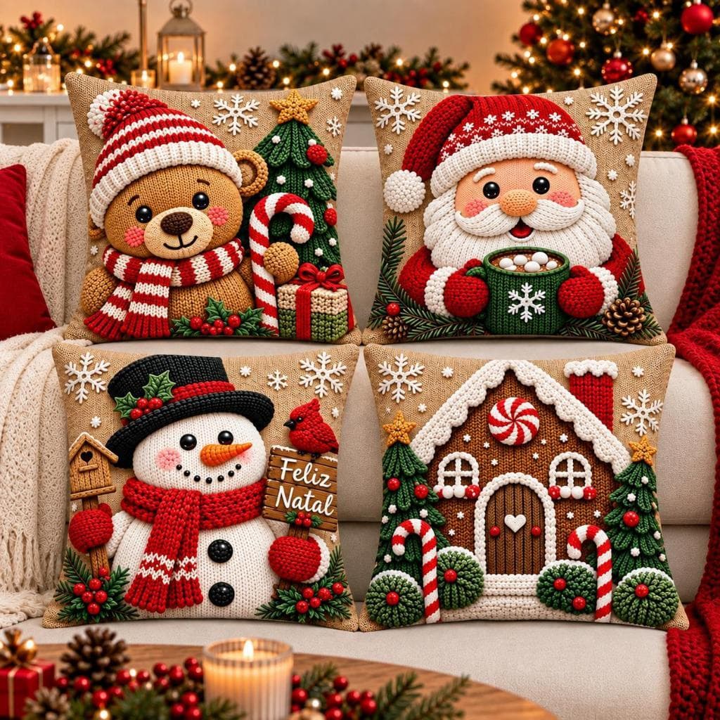 KIT 4 CAPAS DE ALMOFADAS DECORATIVAS NATAL ,PAPAI NOEL ,BONECO DE NEVE,RENA COLEÇÃO 2026