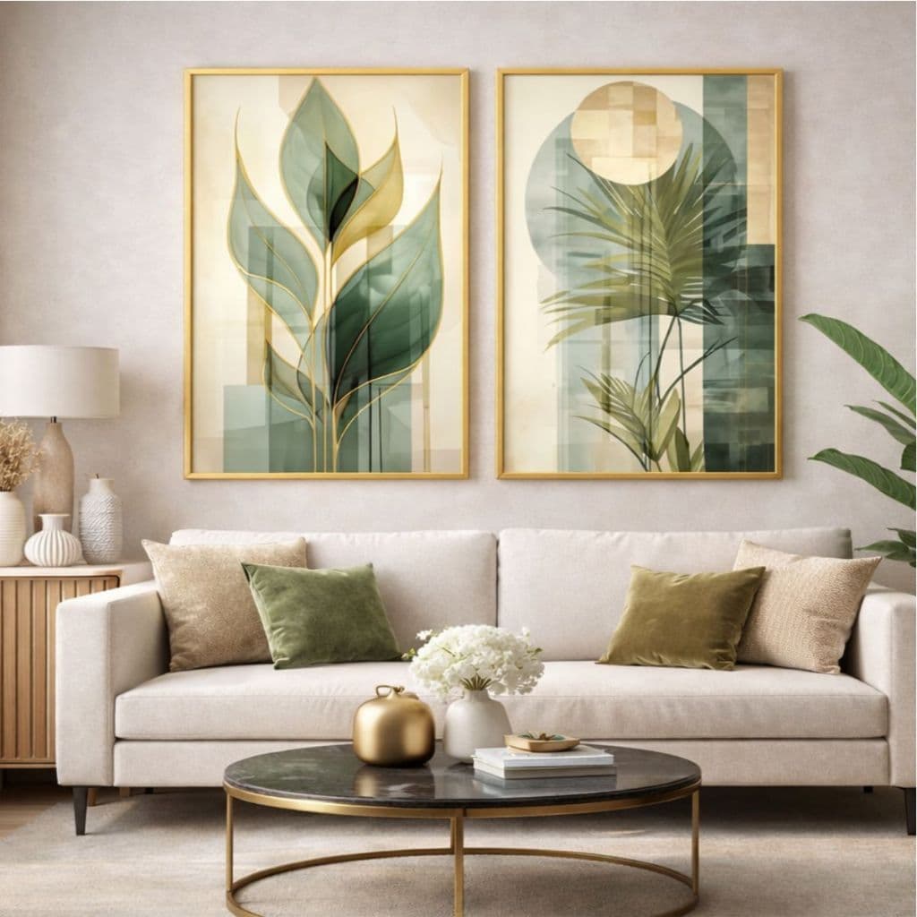 Quadro Moldura e Vidro Kit Duas Peças Folhagem Tons Verde Dourado Decoração Quarto Sala Escritório