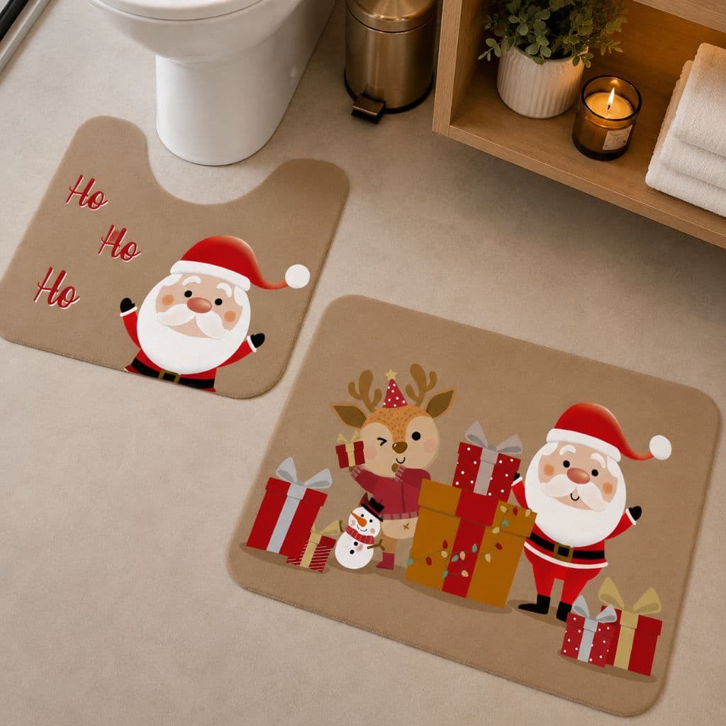 KIT com 2 Tapetes para Banheiro Natalino ANTIDERRAPANTE EMBORRACHADO NATAL Papai Noel 01
