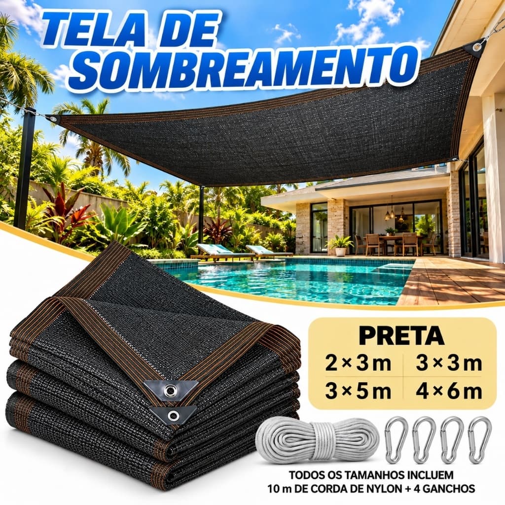 Tela Sombrite 90% Preta com Ilhoses para Garagem e Piscina + Corda 10m e 4 Ganchos