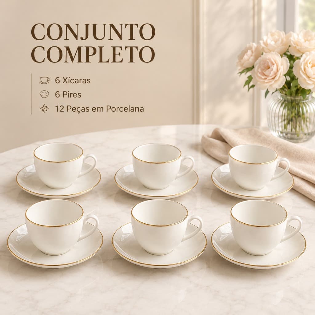 Conjunto 6 Xícaras Porcelana Branca 85 ml Pires Madeira Café Chá Mesa Café Manhã Mesa Posta Completa Aconchegante