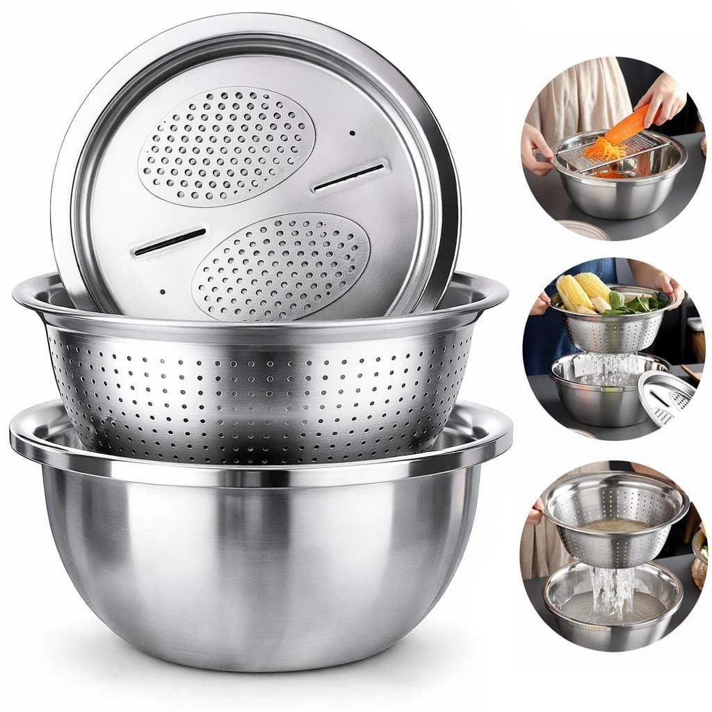 Conjunto Bowl Tigela Escorredor Ralador Aço Inox 3 em 1 Cortar Servir Legumes Vegetais Salada Massas