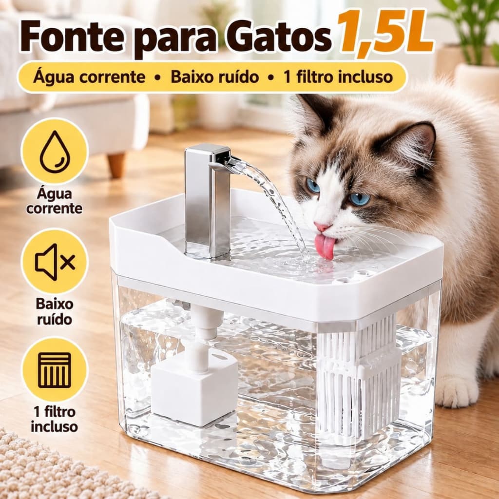 Fonte de Água Pet 1.5L Grande Capacidade Bebedouro Circulante Gato Cachorro
