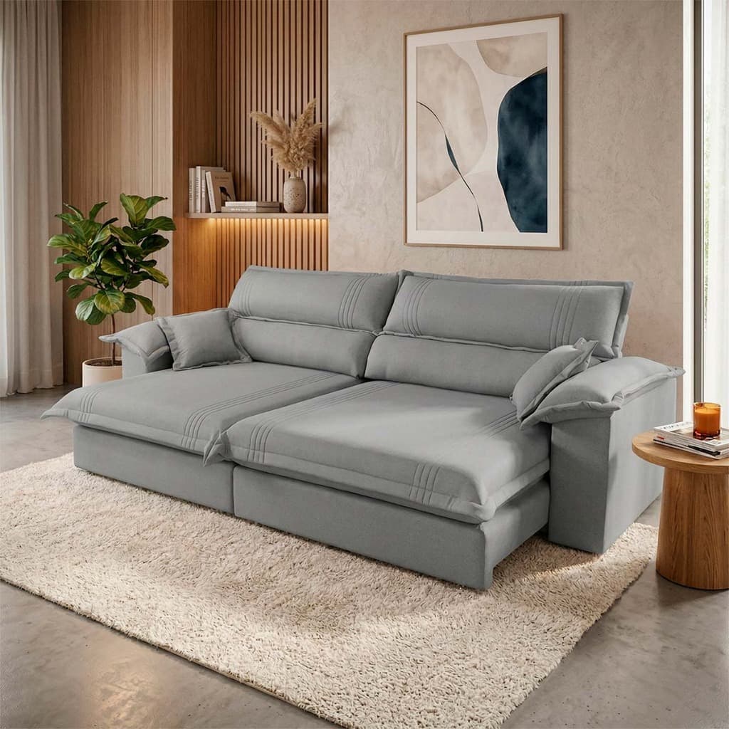 Sofá Retrátil Reclinável 3,00m Nivus Cinza Molas Ensacadas - King House