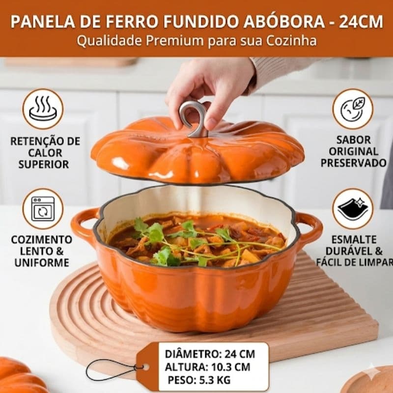 ​Panela de Ferro Fundido Esmaltada Formato Abóbora Laranja 24cm - Alta Retenção de Calor