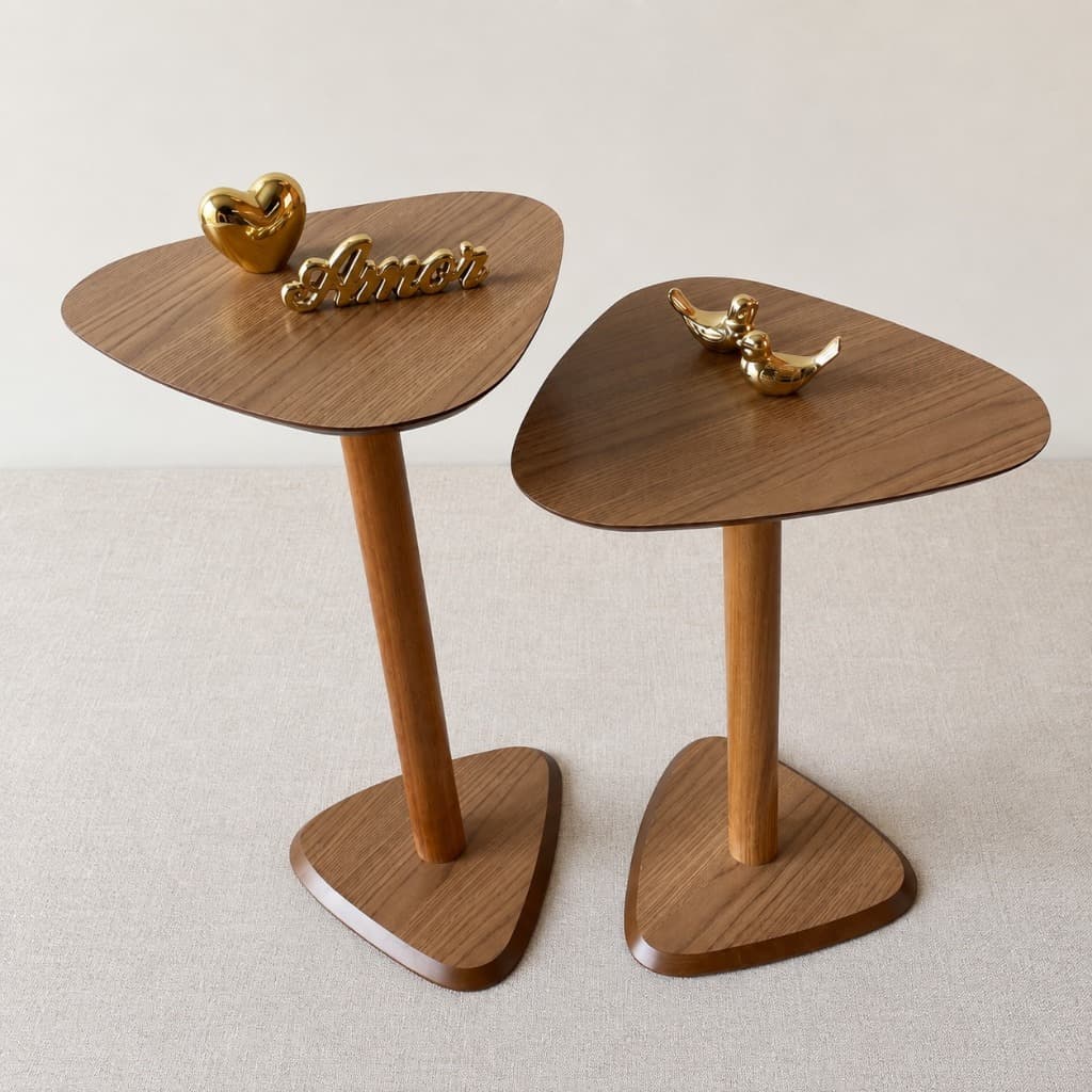 Kit 2 Mesas Laterais Orgânicas Amadeiradas Mesa de Canto Auxiliar Apoio Sala Sofá Quarto Decoração Moderna MDF