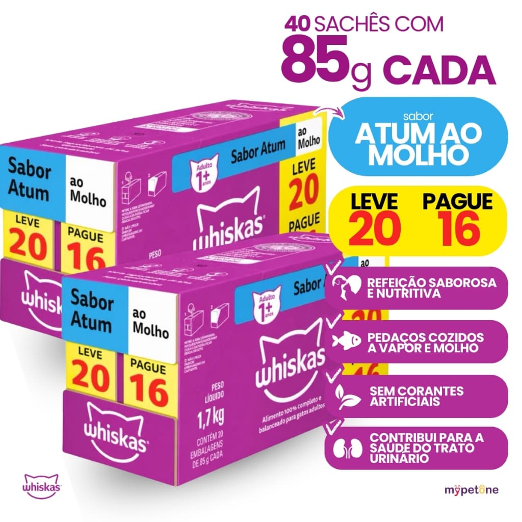 Kit 2 Caixa Ração Úmida 85 g Sachê Atum ao Molho para Gatos Adultos Whiskas - Pague 32 Leve 40