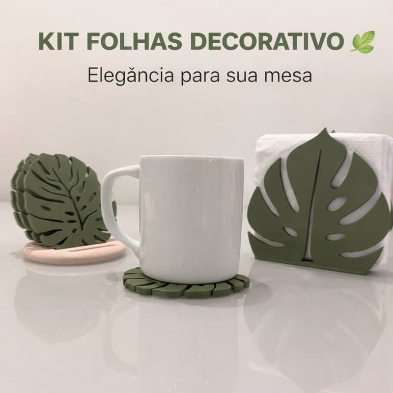 Kit Porta Copos Folha + Porta Guardanapo Decorativo Conjunto Mesa Posta Moderno Folhagem Verde