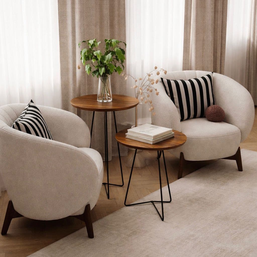 Kit 2 Mesas Laterais Apoio Redondas Pé Palito Aço Preto Tampo MDF Sala Quarto Luxo Moderna
