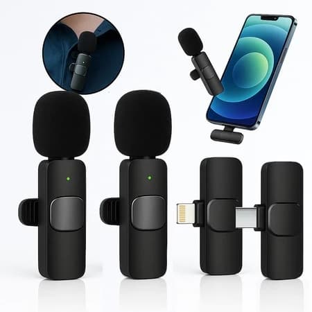 Microfone De Lapela Duplo Compatível iPhone Longo Alcance Entrada Lighting Sem Fio Profissional