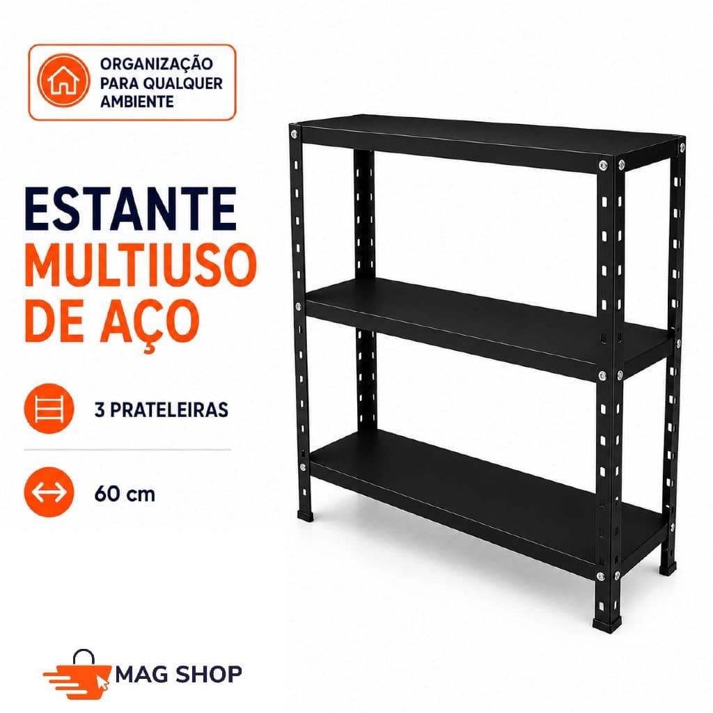 Estante de Aço Multiuso 60cm com 3 Prateleiras Organizadora Resistente para Cozinha Lavanderia Escritório