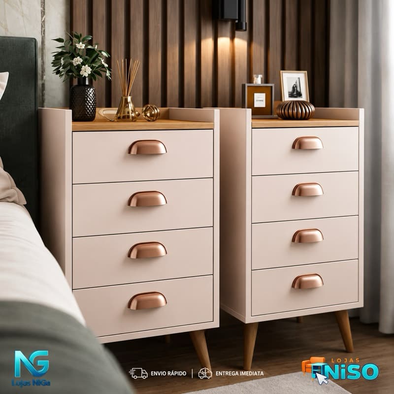 Mesa Cabeceira Mini Cômoda Luxo Concha Monet 04 Gavetas Heloisa 03 gavetas Pés Palito Quarto Organizador - Porta Celular