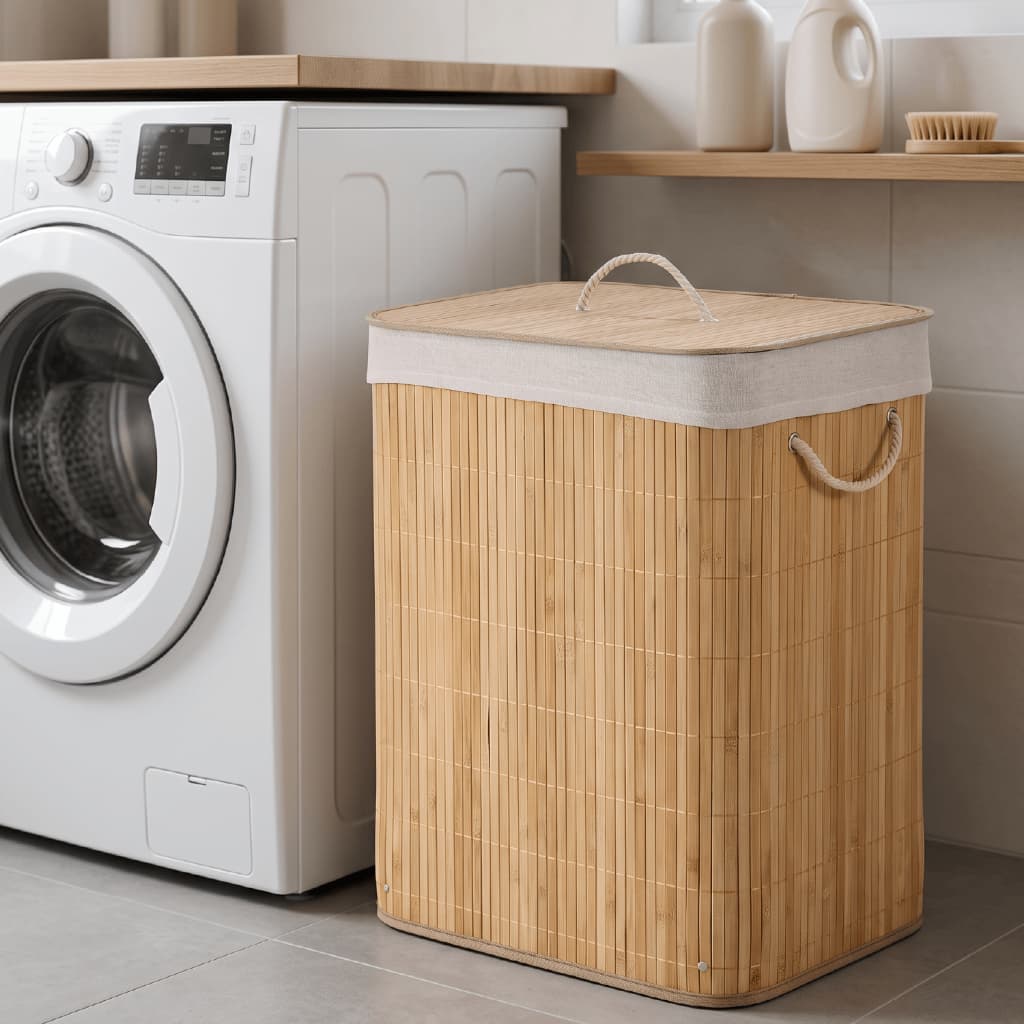 Cesto De Roupa Suja Bambu Dobrável Retangular 60L Grande Organizador Forrado Tampa Alças Banheiro Lavanderia Multiuso