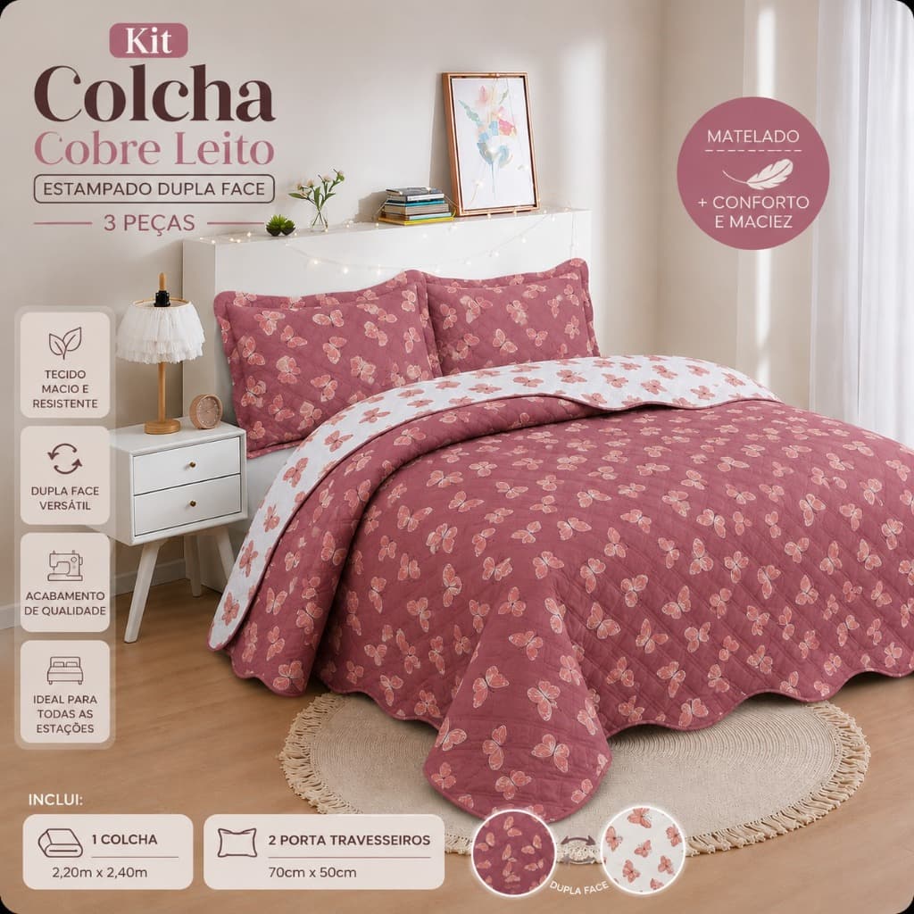 kit Colcha Cobre Leito Estampado, Alegra, Dupla Face, 3 Peças Matelado - ( Solteiro, Casa,, Queen e King).