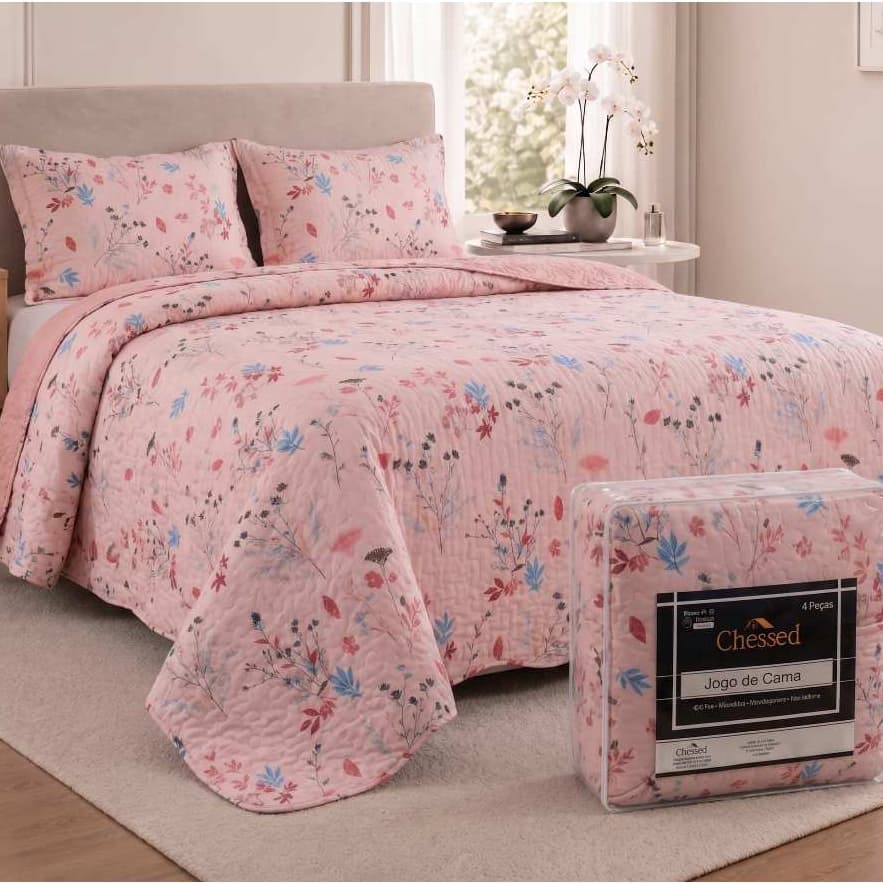 Colcha Cobre Leito 3 Peças king Dupla Face Matelado Floral para Cama Box