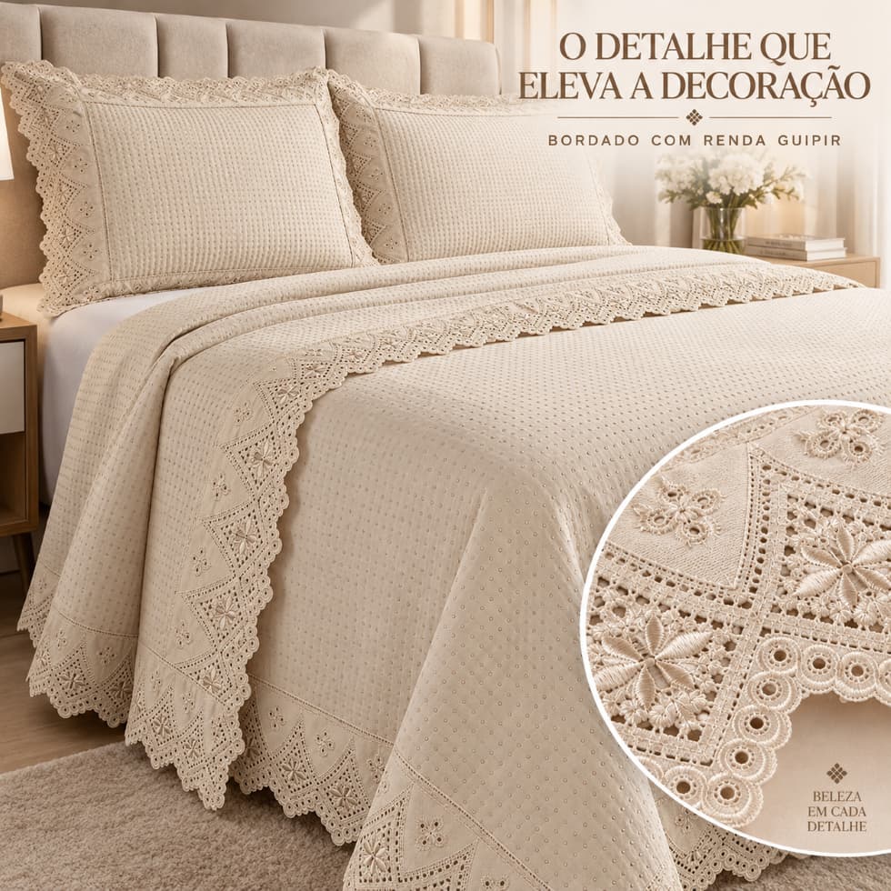 Kit 1 Cobre Leito Queen 2,60m x 2,40m Percal 300 Fios Bordado Renda Guipir e 2 Porta-Travesseiros