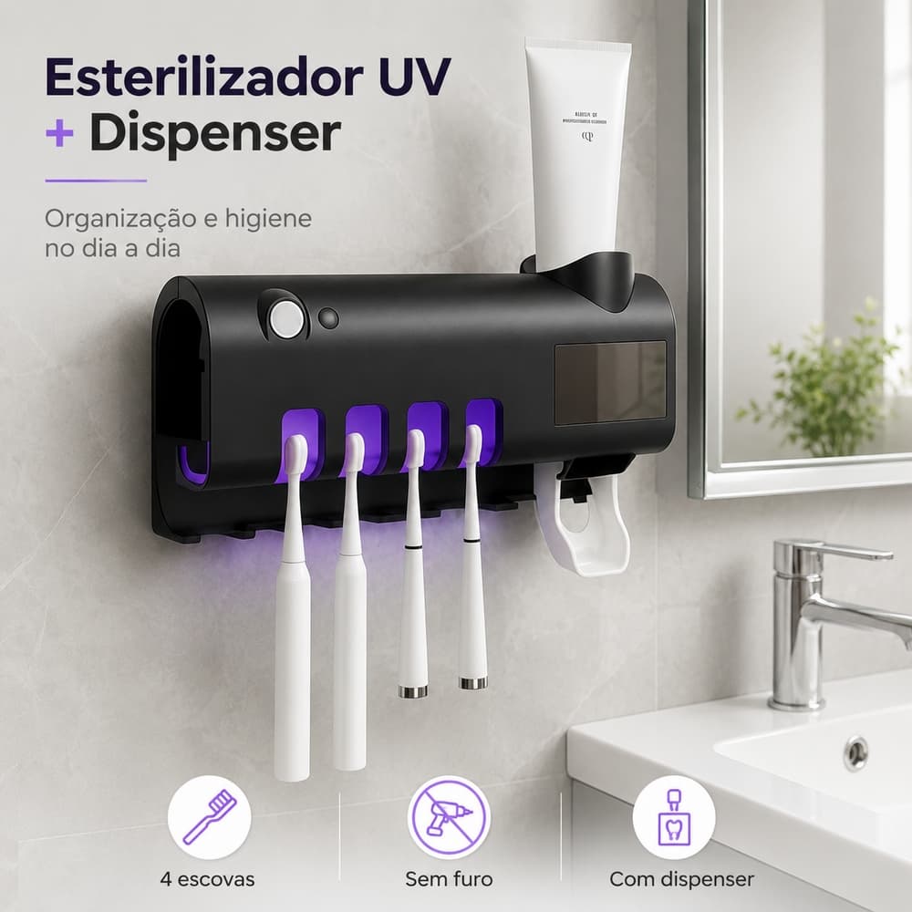 Esterilizador UV de Escovas com Dispenser de Pasta Suporte para 4 Escovas Sem Furo Banheiro