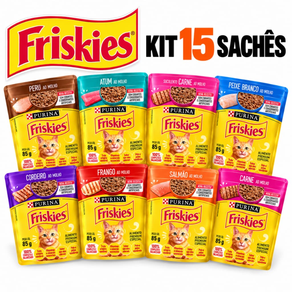 Kit 15 Unidades de Sachês Friskies Original para Gatos Adultos Ração Úmida 85g - Escolha o Sabor