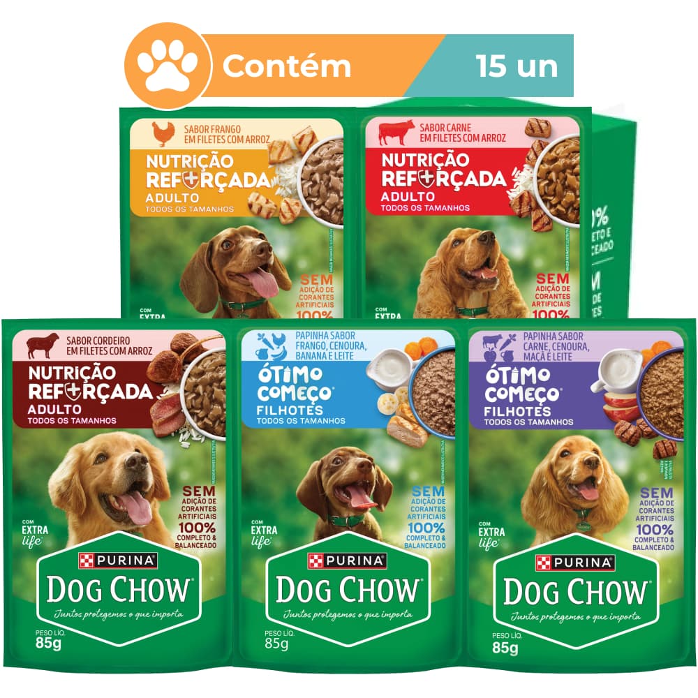 Ração úmida Dog Chow Sabores Variados para Cães 15x85g ou 15x100g