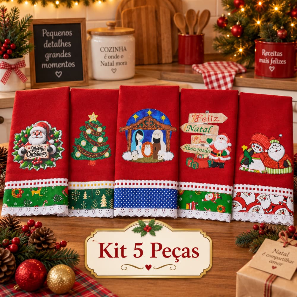 Pano de Prato Natal Bordado Patchwork Kit 5 peças Vermelho LANÇAMENTO