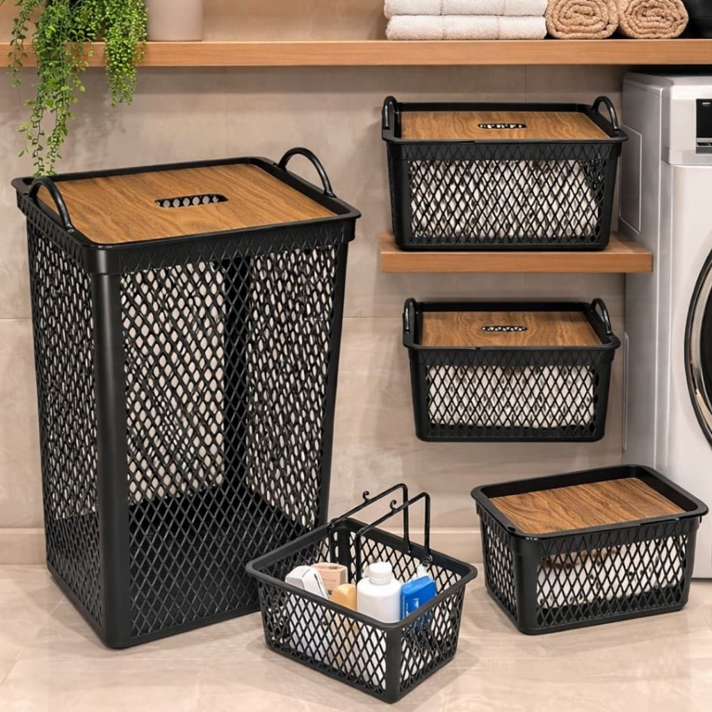 Kit 5 Peças Organizador Lavanderia Telado Label Papel Desenho Madeira Com 5 Peças Arqplast Preto
