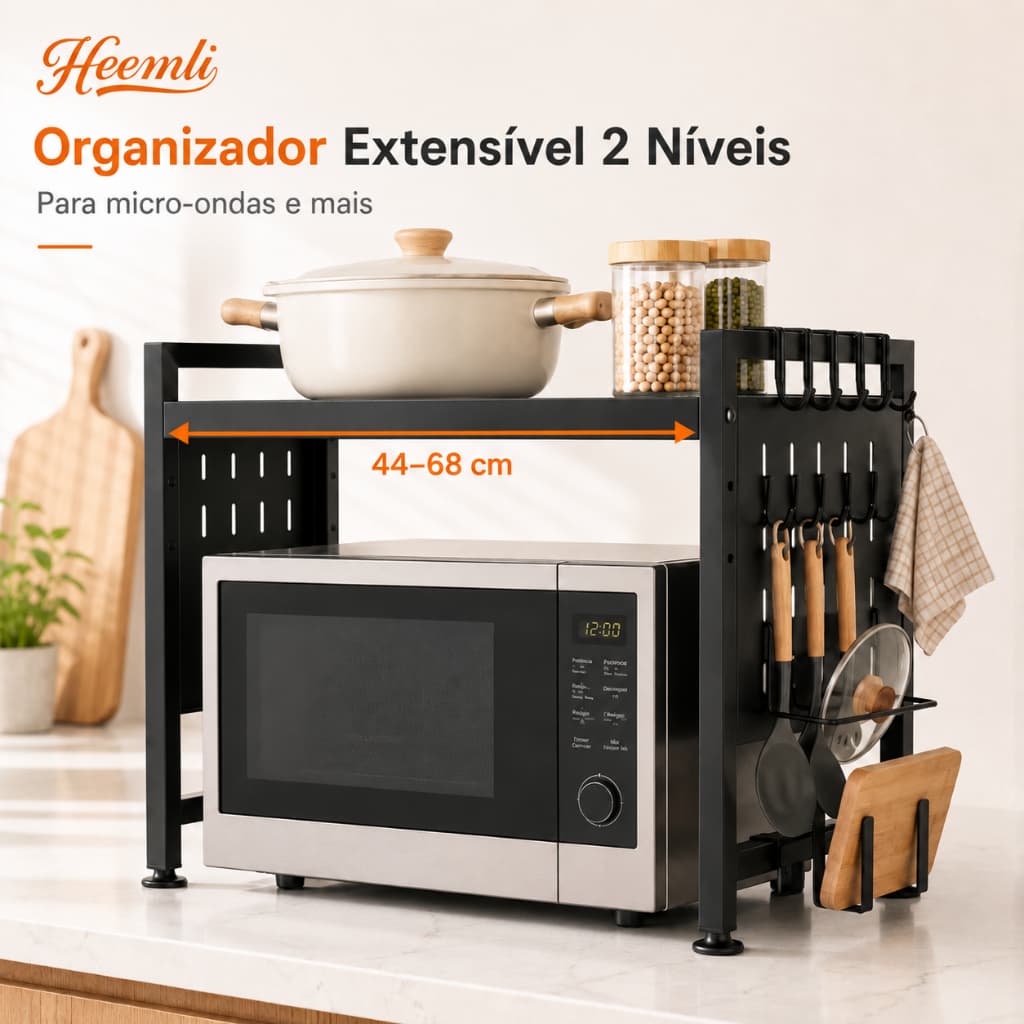 Rack para Micro-ondas Heemli Extensível 2 Andares Preto Organizador de Cozinha