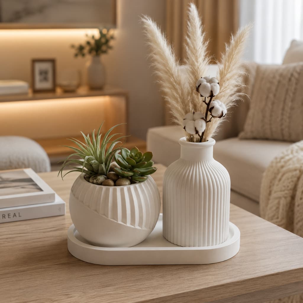 Kit Vaso Decorativo  em Gesso com Garrafa e Vasinho e bandeja Moderno  Decoração  para Sala, Mesa, Quarto e Escritório