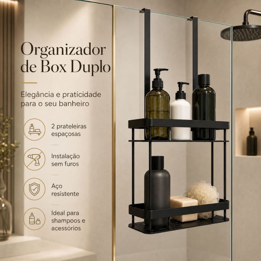 Prateleira Suspensa Sem Furo Dupla para Banheiro e Box Suporte Elegante de Shampoo e Sabonete