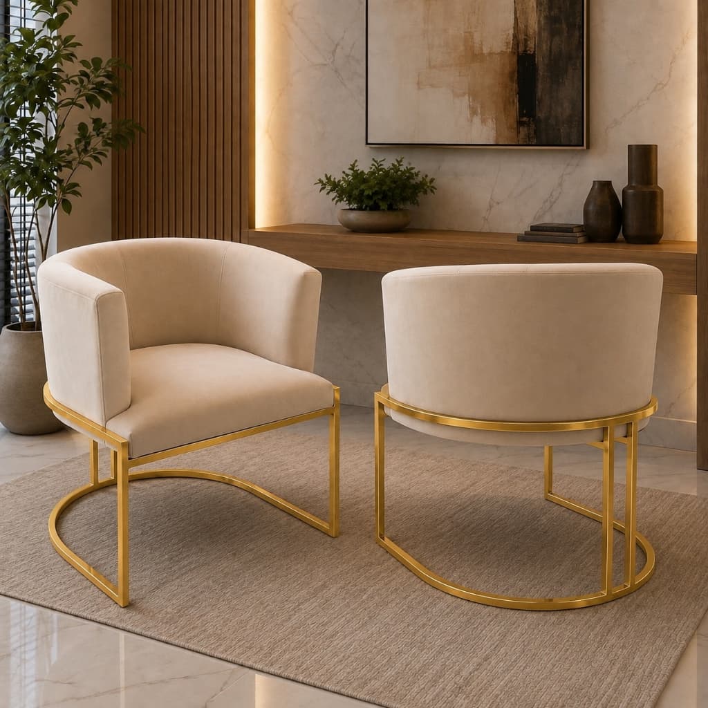 Kit 2 Poltronas De Base Cadeira Ferro Dourada  Estrutura Meia Lua Tecido Veludo Para Salão Consultório Luxousa Luxo