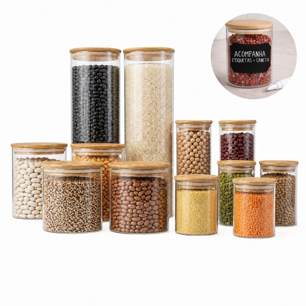 Conjunto c/ 12 Potes Herméticos de Vidro tamanhos variados e Tampa Bambu Organizador Cozinha Premium