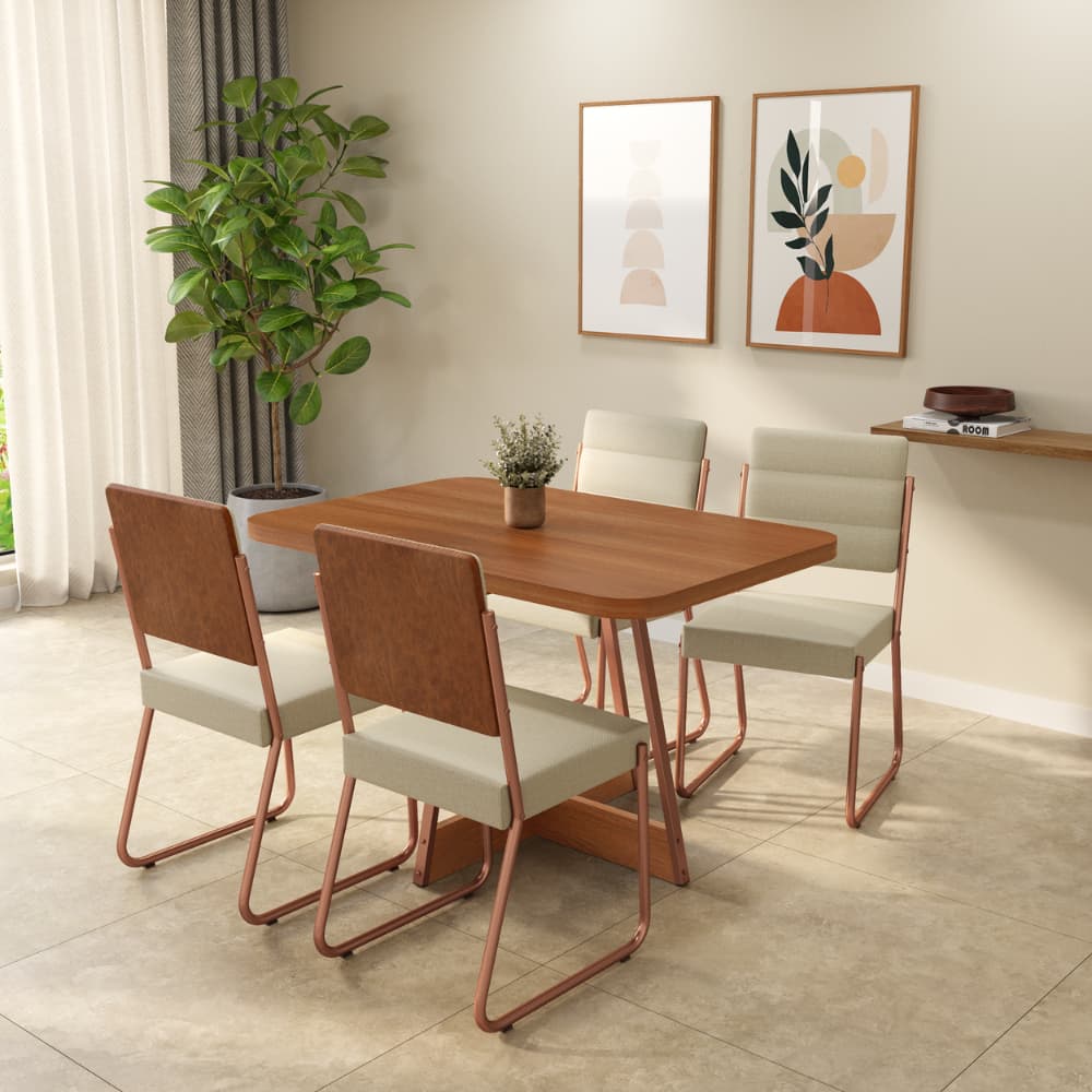 Conjunto Sala de Jantar 4 Cadeiras Madu Carraro Nogal Rosê