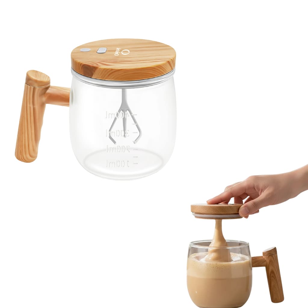 Copo Misturador Automático Elétrico 400ML Vidro Saudável Design Madeira/Nórdico (Estilo Ins